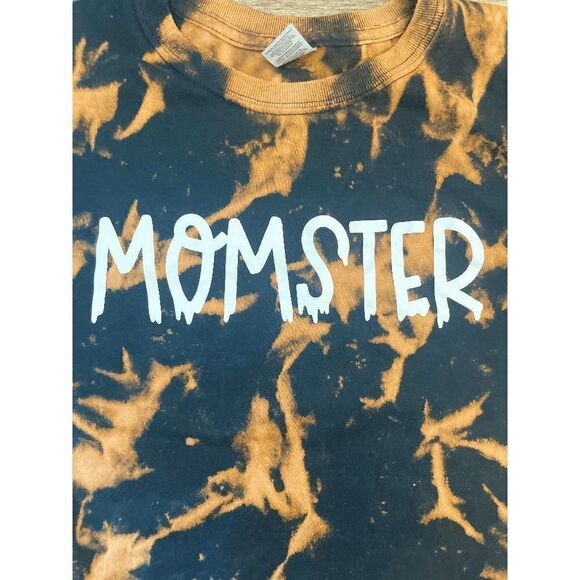 🌸 Gildan Heavy Cotton "Momster" T Shirt Black with Bleach Tie Dye Halloween - Picture 8 of 9